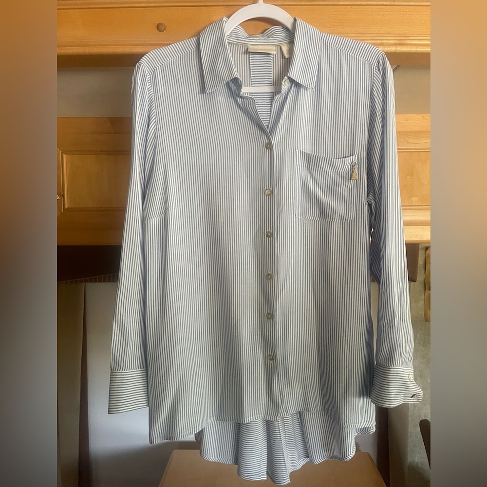 Chico’s Blue/White Striped Blouse, Size 1, 100% Rayon.